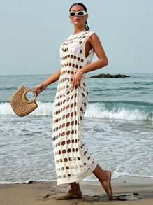 Vestido de punto de cuello redondo de un solo color con diseño calado, para el verano y las vacaciones en la playa