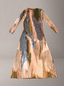 1pc Women Colorblock Round Neck Long Sleeve Elegant Dress, Summer