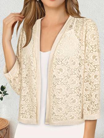 Cárdigan acanalado de parche de encaje camelia con mangas 3/4