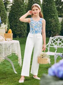 SHEIN Tween Girl Fashionable Simple And Sweet Printed Top Top And Solid Color Long Pants Set - Blue and White - View 4