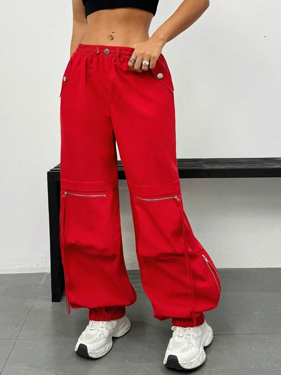 Muchica Pantalones cargo holgados rojos con cintura ajustable con cordón y tobillos con puños - Rojo - Ver 1