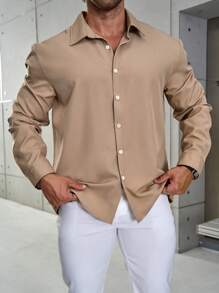 Manfinity Homme 男款大尺碼純色長袖春夏日常休閒襯衫,羈扣純色卡其色外出襯衫 - 卡其色 - 查看 6