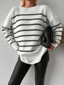 SHEIN Cottnline Women's Striped Loose Fit Drop Shoulder Sweater - Army Green - View 3