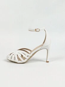 Women's White Round-Toe High Heels With Hollow Out Design, Buckle Strap On The Back - White - View 3