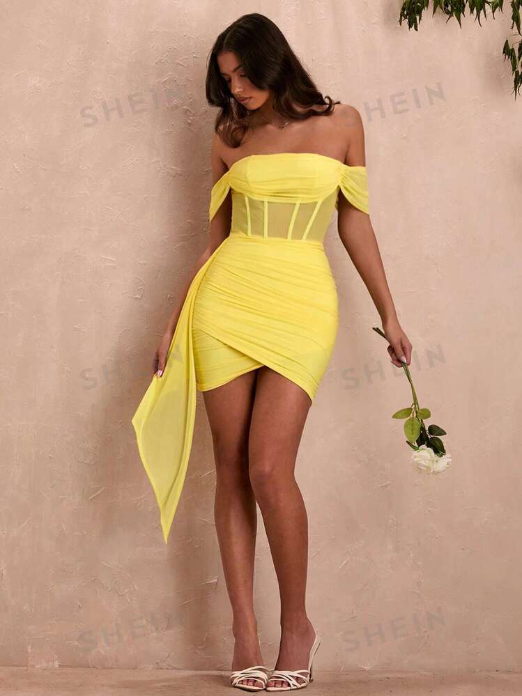SHEIN BAE Summer Yellow Off Shoulder Sexy Elegant Mini Dress With Draping And Sheer Design For Women SHEIN USA