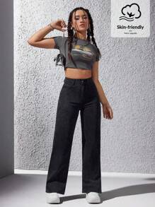 SHEIN EZwear Women's Casual Straight Leg Jeans With Slanted Pockets - Black - View 3