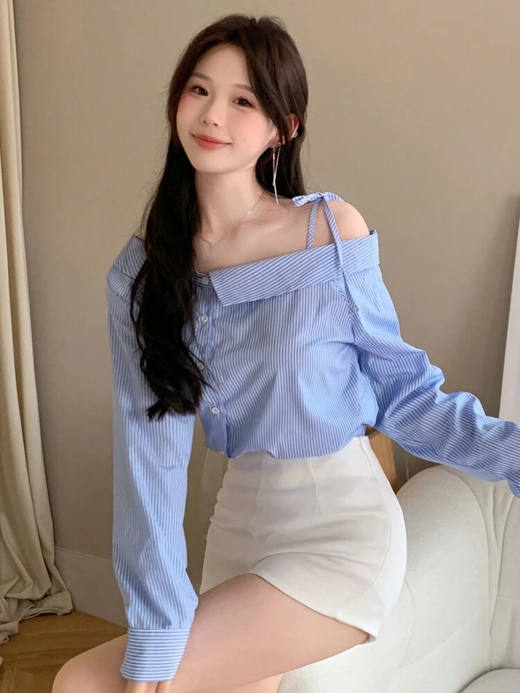 Striped Long Sleeve Open Shoulder Women's Shirt Summer