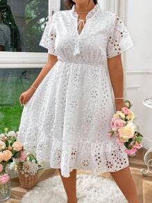 Sunnyshic Plus Size Boho Summer Short Sleeve Dress With Tie Neck, Simple Eyelet Embroidered Ruffle Hem Vacation Beach Outfits Women