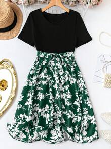 SHEIN Clasi 大碼女士夏季度假花卉印花拼接圓領短袖優雅連衣裙 - 彩色 - 查看 1