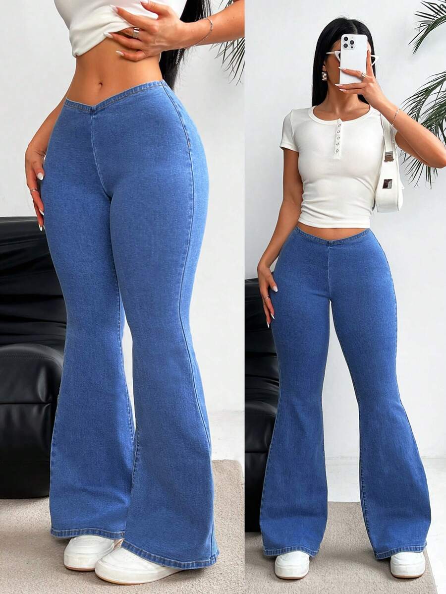 SHEIN EZwear 女士休閒修身喇叭牛仔褲 - 藍色 - 查看 1