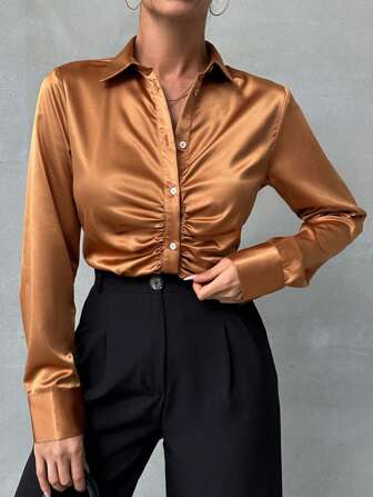 RUCHED BUTTON FRONT SATIN SHIRT