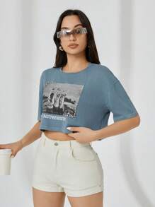 RueChic Women Printed Rhinestone Detailed Crop T-Shirt - Grey - View 1