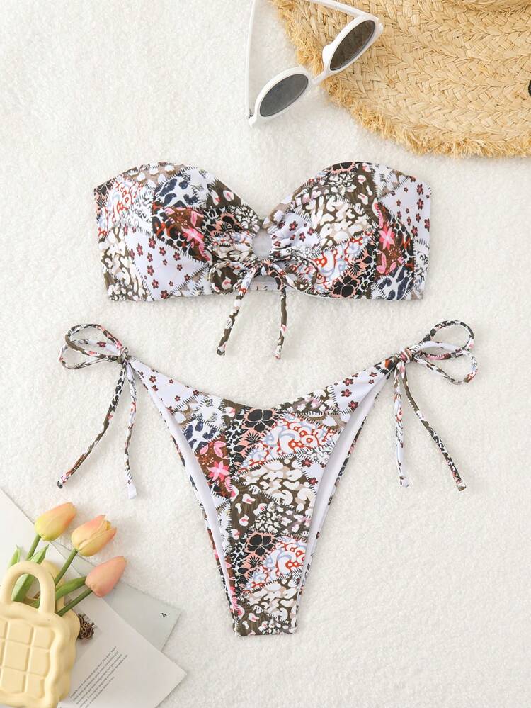 Women Ditsy Floral Hollow Out Bandeau Bikini Set For Vacation, Wireless,Summer Beach