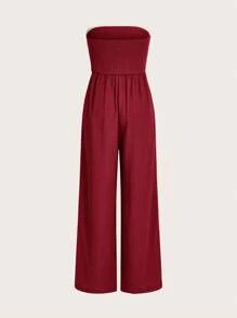 SHEIN EZwear 女士純色褶皺無肩單品連身褲，無袖，夏季 - 酒紅色 - 查看 2