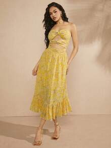 L'Amorae Twist Cut Out Ruffle Hem Print Dress