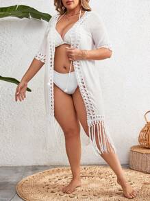 大码女式纯色简约日常穿着流苏装饰和服夏季 - 白色 - 查看 5