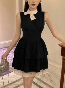 DAZY 女士网纱撞色返校礼服，带蝴蝶结装饰，新年夏日连衣裙，正式女士礼服，舞会礼服，优雅女士连衣裙