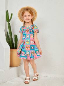 SHEIN 小女童卡通圖案荷葉邊連衣裙和配件包 - 彩色 - 查看 3