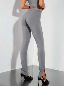 SHEIN BAE 休閒實色高腰開衩褲裝 - 咖啡棕 - 查看 2