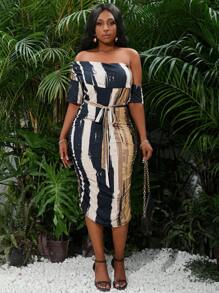 SHEIN Lady Plus Size Women's Abstract Geometric Pattern Off-Shoulder Bow Belted Summer Dress - Multicolor - View 6