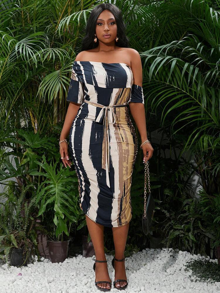 Plus Size Women's Abstract Geometric Pattern Off-Shoulder Bow Belted Summer Dress