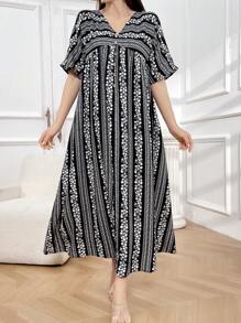 Mulvari 女裝小花短袖度假裙 - 黑色 - 查看 1