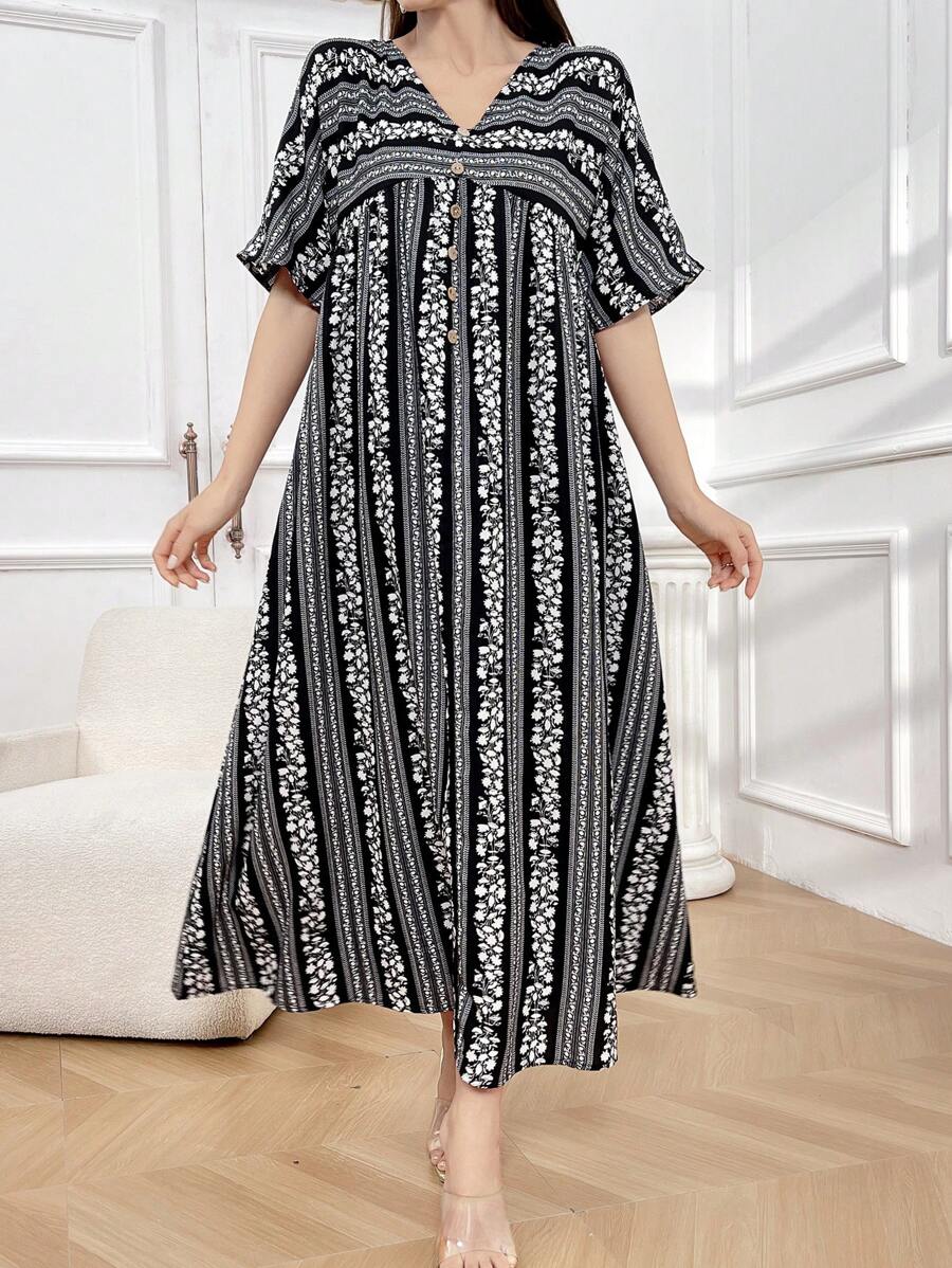 Mulvari 女裝小花短袖度假裙 - 黑色 - 查看 1