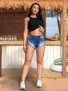 Women's Fashionable Crop Length Hot Girl Style Frayed Ripped Denim Shorts - Dark Wash - View 6
