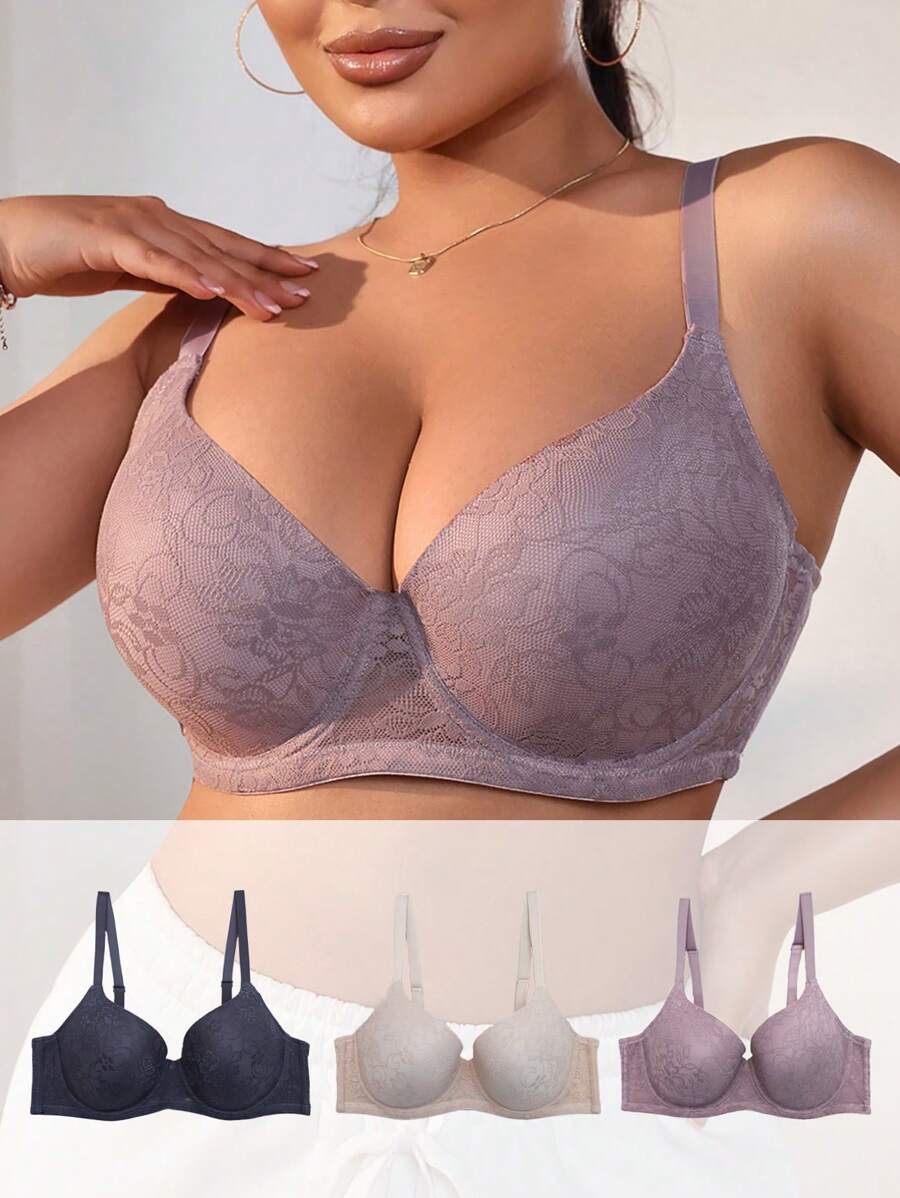 Women's Plus Size Solid Color Lace Underwire Bra Set (Pack Of 3) - Multicolor - View 1