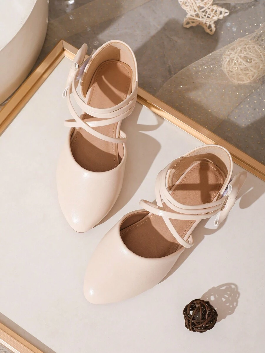 新款女童交叉带芭蕾舞鞋，舒适平底鞋 - 杏色 - 查看 1