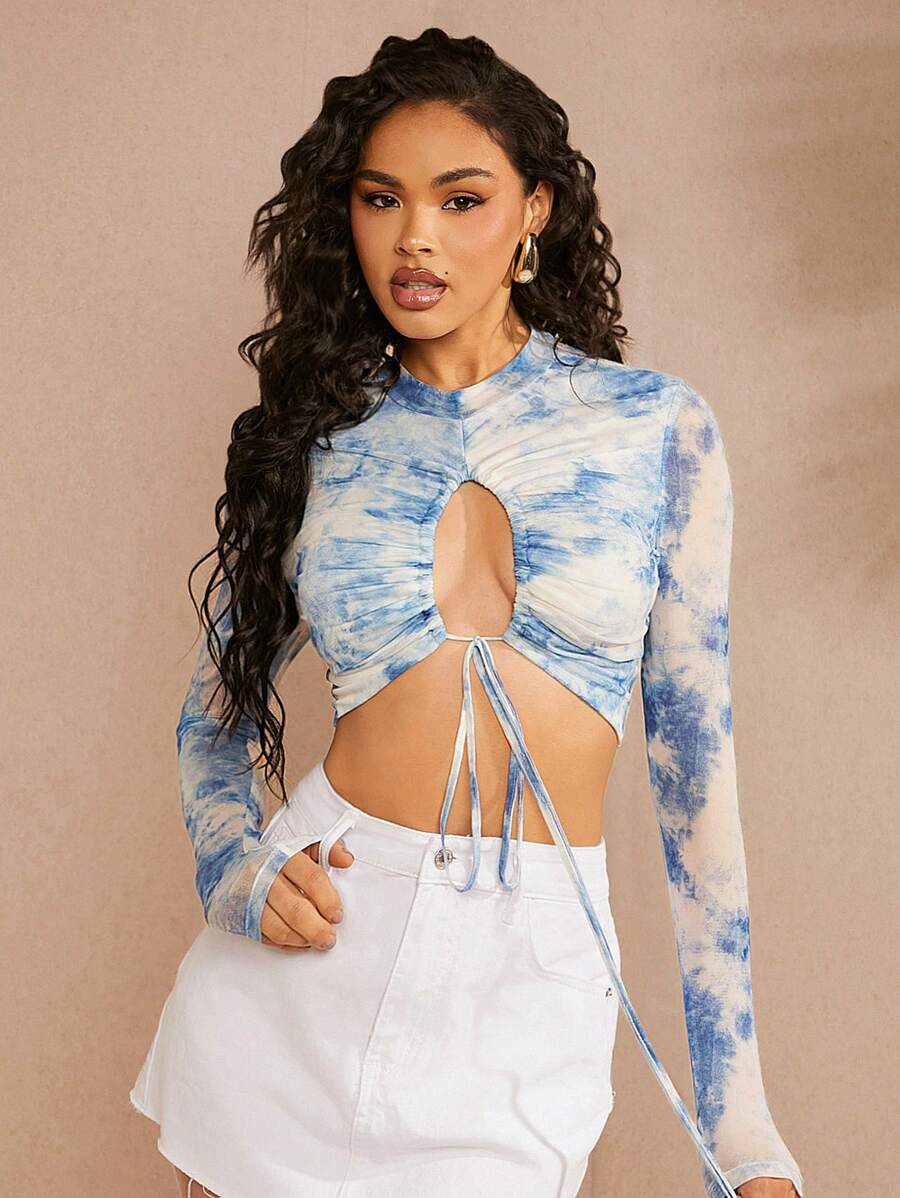 SHEIN Unity Tie Dye縮口襯衫,抽繩設計,顯瘦款 - 藍白色 - 查看 1