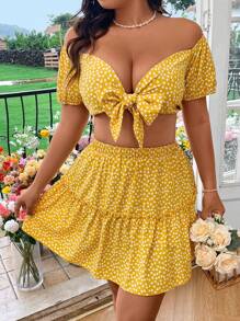SHEIN Unity Plus Ditsy Floral Print Off Shoulder Knot Front Crop Top & Ruffle Hem Skirt - Multicolor - View 4