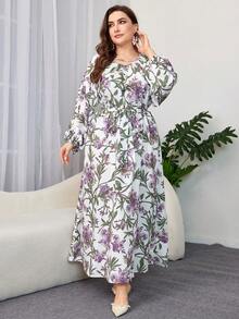 Al Najma Vestido largo de manga larga con estampado de toda la superficie, talla grande, estilo árabe - Multicolor - Ver 4