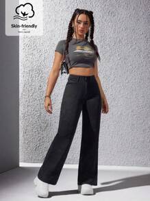 SHEIN EZwear Women's Casual Straight Leg Jeans With Slanted Pockets - Black - View 5