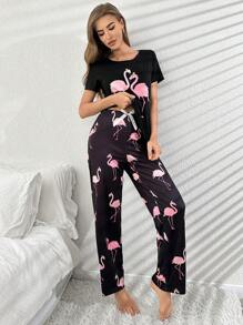 Flamingo Printed Short Sleeve Top & Long Pants Pajama Set Pajamas Set For Womansleepwear Women - Black - View 6