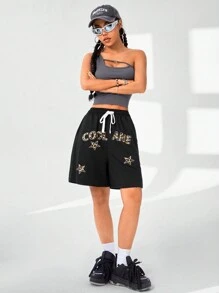 Muchica 女士時尚街頭風豹紋和字母圖案針織寬腿短褲，適合春夏 - 黑色 - 查看 5