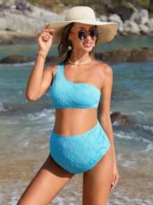 SHEIN Maternity Summer Beach Floral Jacquard Vacation Swimwear Bikini Set - Blue - View 5