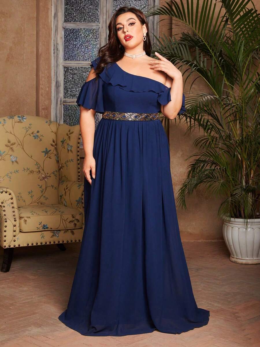 Oblique Shoulder Ruffle Sleeve Chiffon Dress With Gold Belt - Navy Blue - View 1