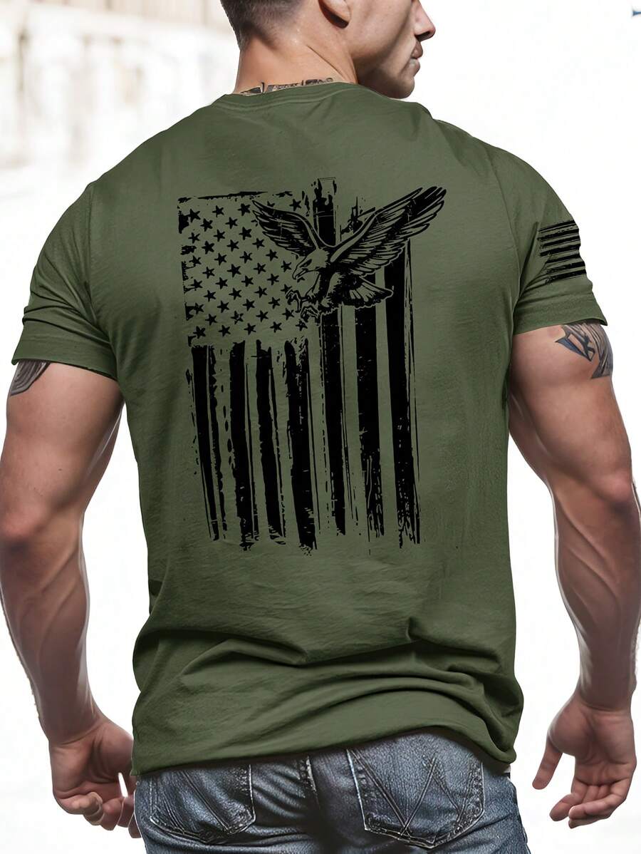 Manfinity LEGND Men's Summer American Eagle Printed Round Neck Short Sleeve Casual T-Shirt - Army Green - View 1