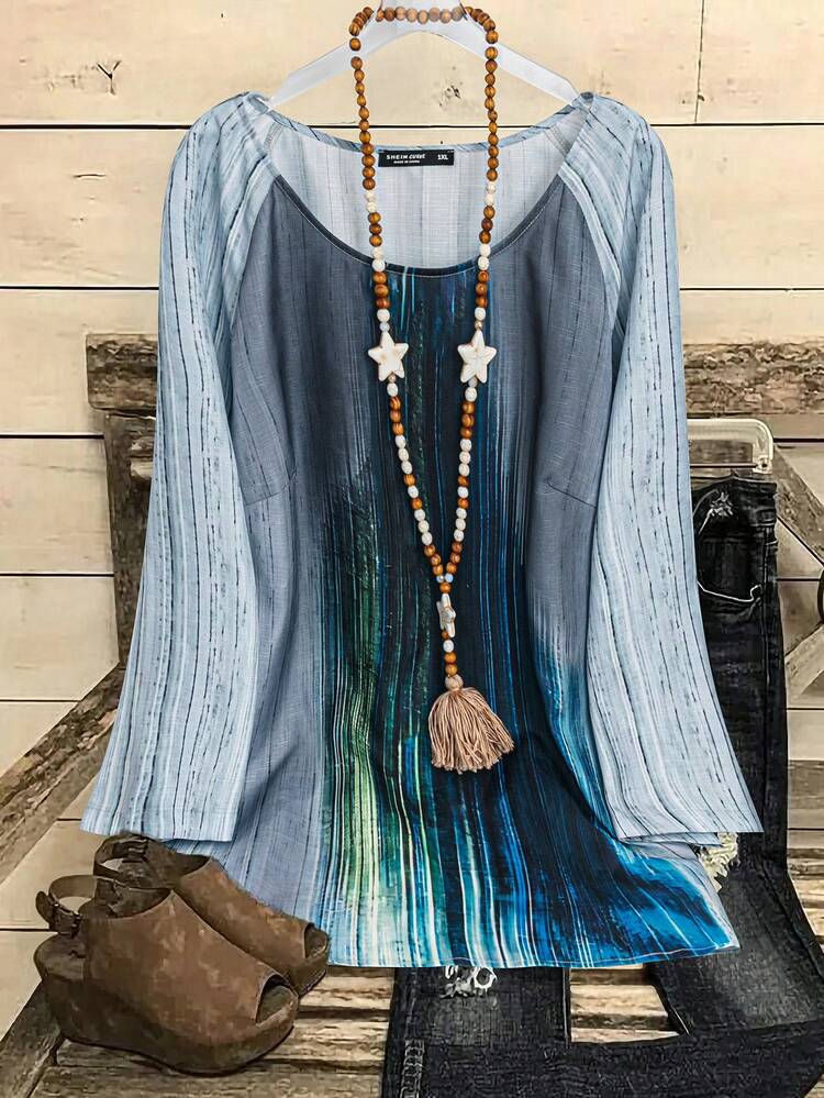 Plus Size Women's Casual Striped Round Neck Raglan Sleeve Long Sleeve Loose Shirt, Summer