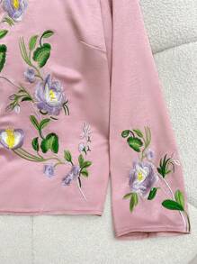 Modelyn Elegant Flower Embroidery Stand Collar Long Sleeve Hanfu Top For Spring, Vintage Classic Tang Suit Hanfu Top - Pink - View 5