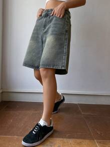 DAZY Shorts Denim Casuais Soltas Femininas com Bolsos, Shorts Denim - Lavagem Média - Visão 6