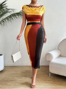 Chiquease Mesh See-Through Bodycon Dress With Off-Shoulder And Flounced Sleeves, Ruched And Side Slits - Multicolor - View 3