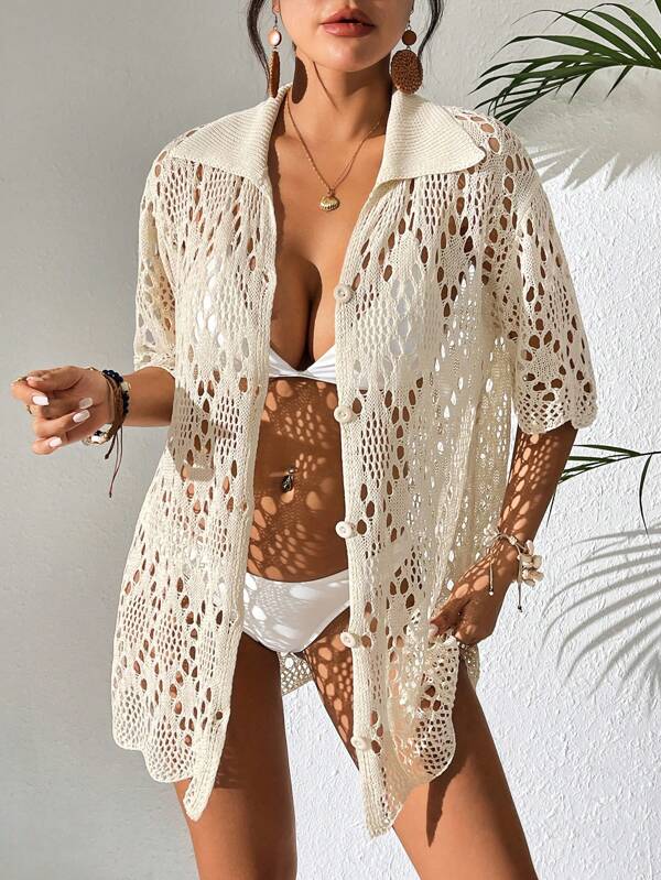 Swim Chiccia Women's Solid Color Hollow-Out Collar Casual Holiday Short Sleeve Kimono Cover Up For Layering Summer