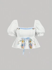 SHEIN MOD 女童白色假日刺繡泡泡袖襯衫，配有藍色緞帶蝴蝶結，適用於夏季 - 白色 - 查看 1
