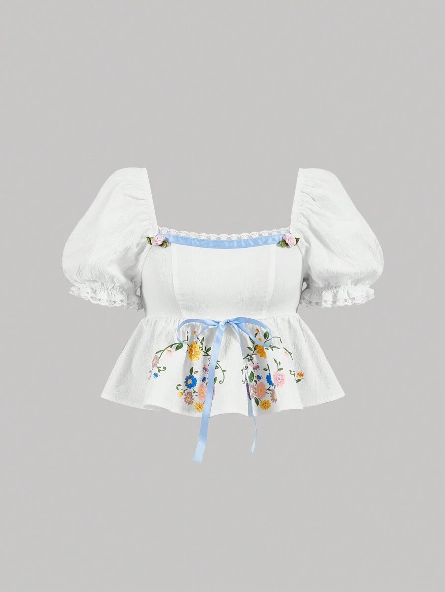 SHEIN MOD 女童白色假日刺繡泡泡袖襯衫，配有藍色緞帶蝴蝶結，適用於夏季 - 白色 - 查看 1