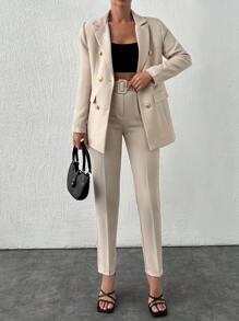 EURMUSE Spring & Autumn Casual Solid Colored Suit Set With Turn-Down Collar, Double-Breasted Jacket And Tapered Pants - Beige - View 1