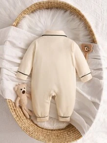 SHEIN 嬰兒女童針織柔軟舒適衫領連體褲，帶熊圖案和按扣設計的長袖居家裝 - 杏色 - 查看 2