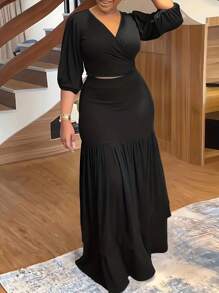 大尺碼純色休閒V領長袖套裝