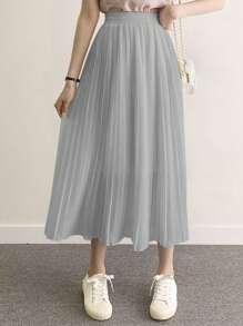 DAZY Women Elastic Waist Solid Color Ruched Loose Casual Long Skirt - Light Grey - View 1